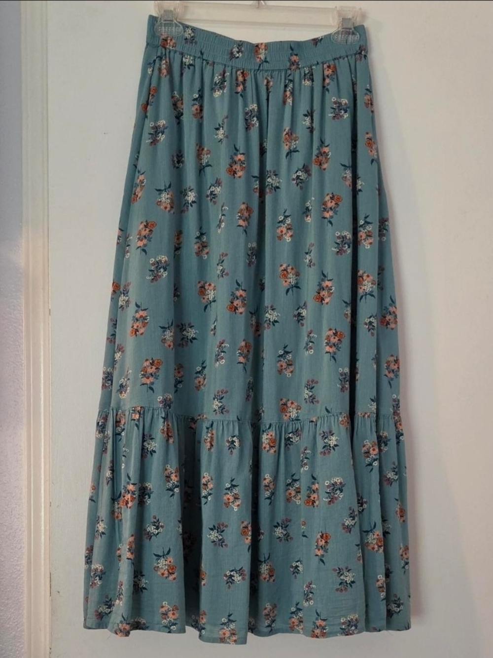 dip Teal Floral Tiered Maxi Skirt
